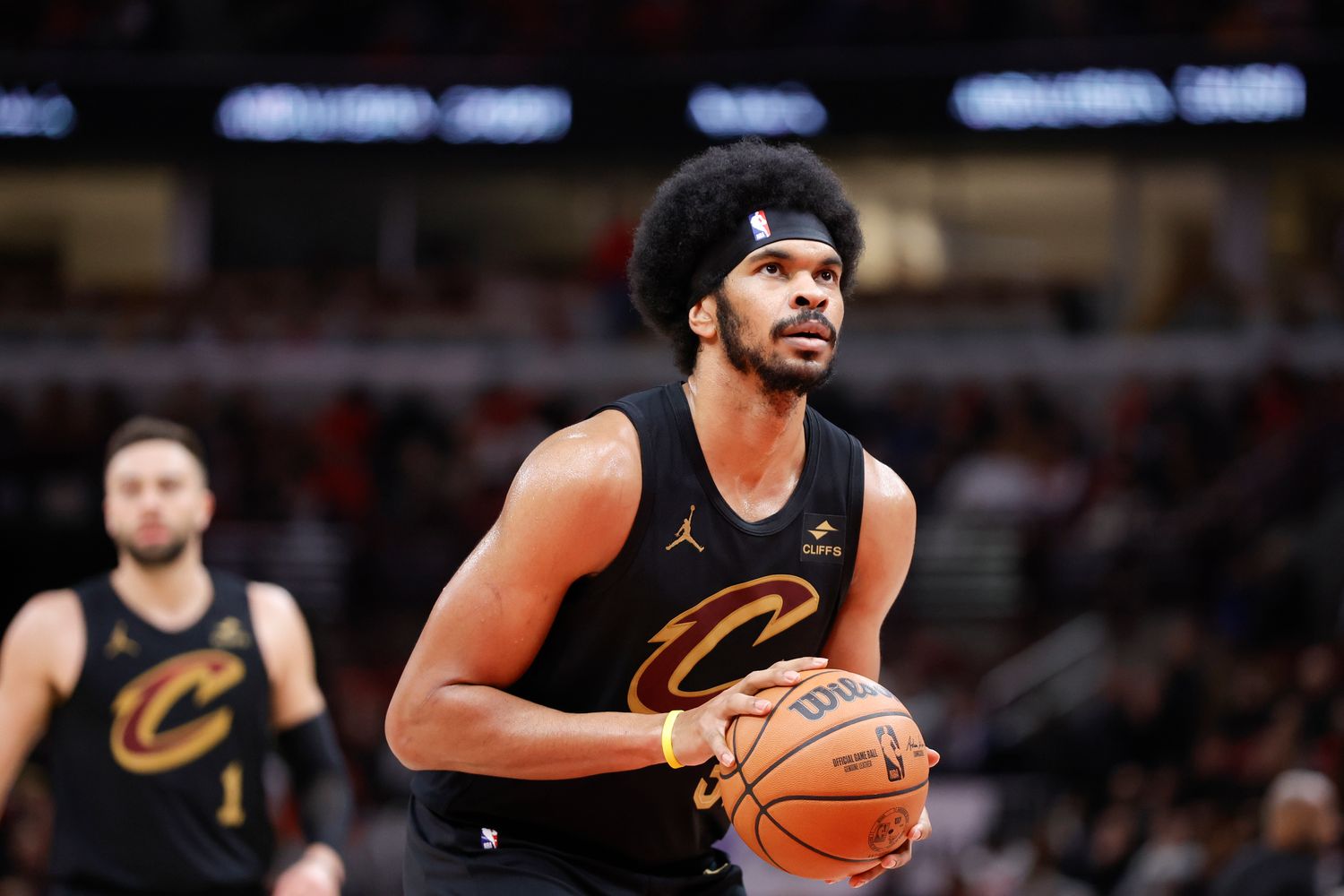 Cleveland Cavaliers center Jarrett Allen (31) shoots a free throw against the Chicago Bulls during the second half at United Center.